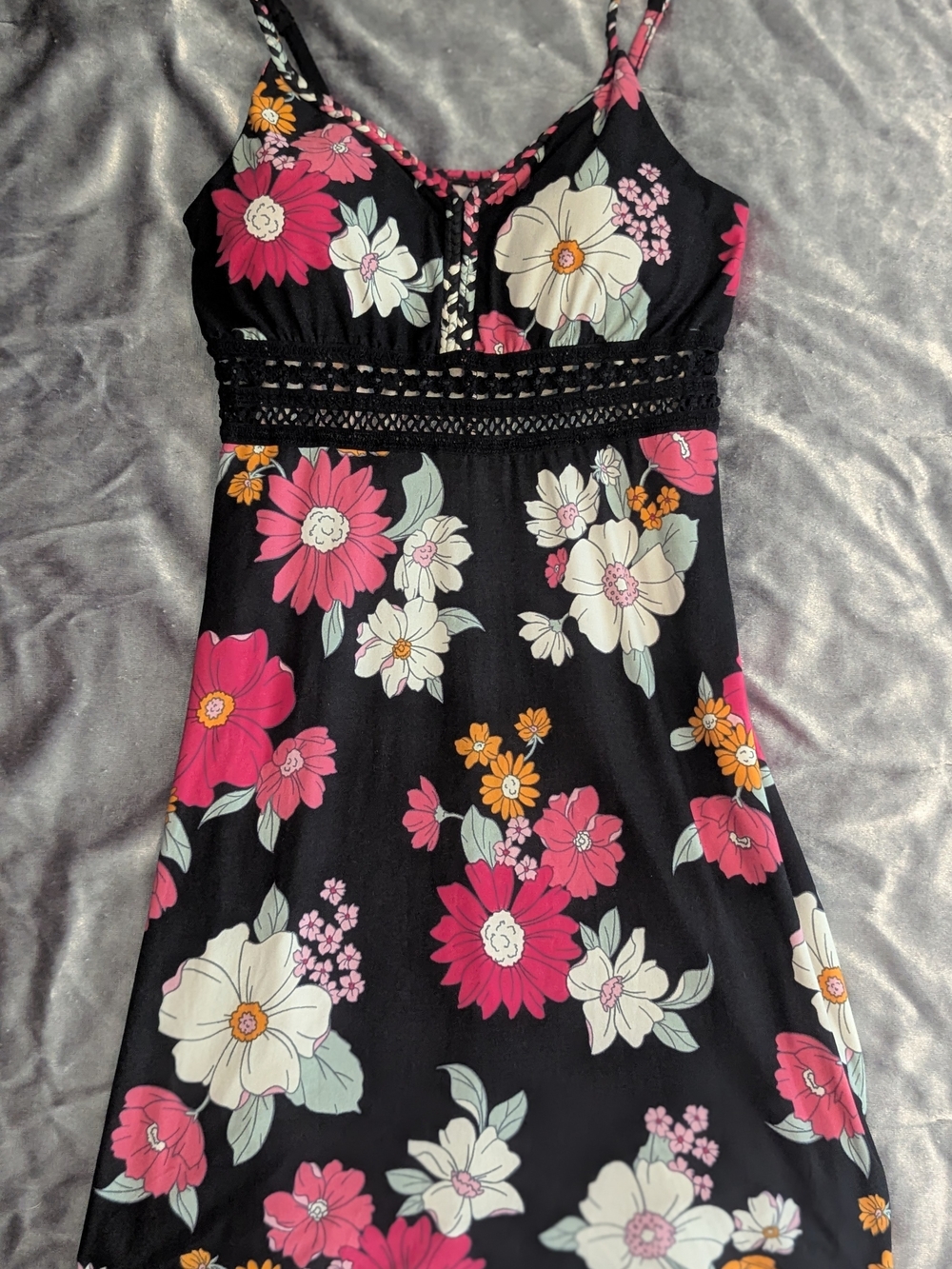 M Floral Black Sundress with Pink & Cream Blooms